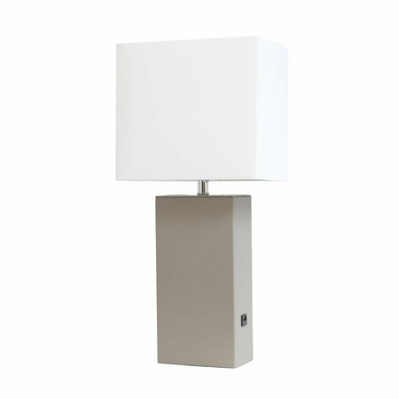 FEELTHEGLOW Modern Leather Table Lamp with USB & White Fabric Shade, Gray FE2519738